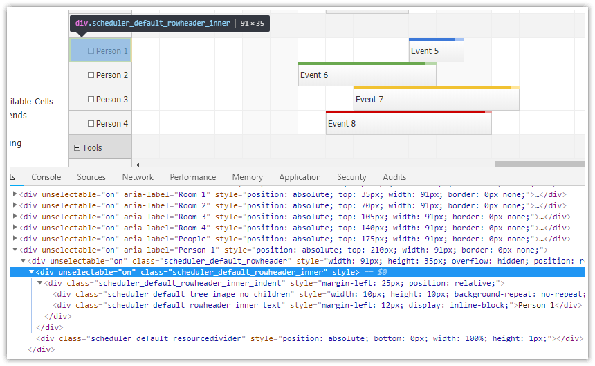 javascript scheduler row header layout new