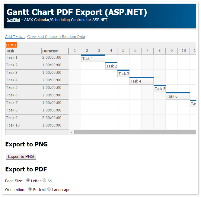 gantt asp.net control pdf export